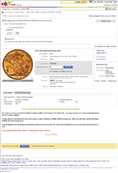 hjsquire123 1912 Gold Sovereign eBay Auction Listing